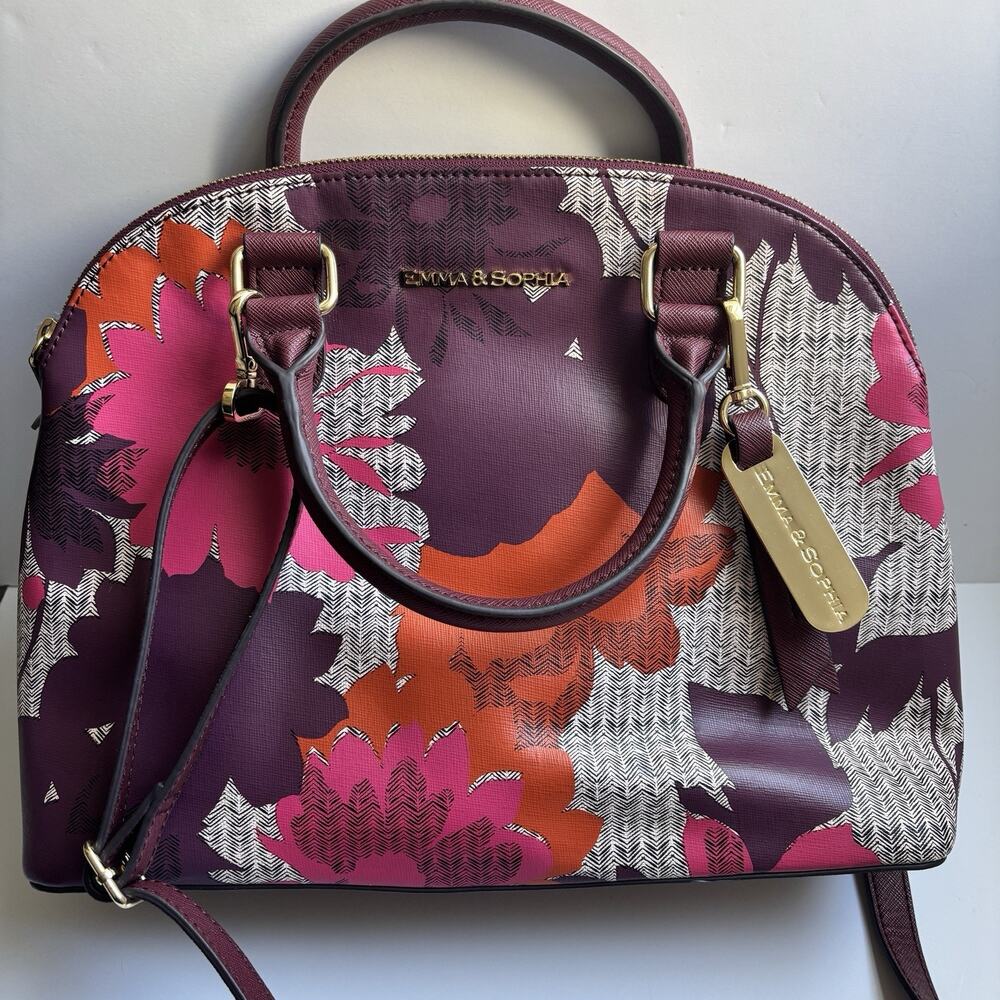 Emma & Sophia Satchel Purse Burgundy Floral Print Genuine Leather Size 13"x11"